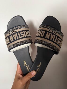 Dior Brown Leather Footbed Slide Sandals with Black & Beige Woven Strap
